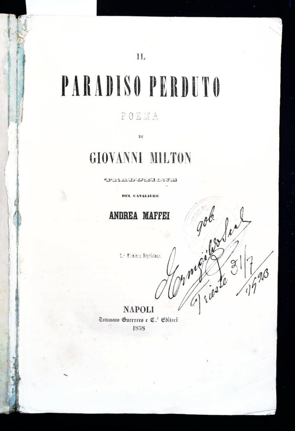 Il Paradiso Perduto - Giovanni Milton - Ed. Tommaso Guerrero Napoli 1858 - immagine 3