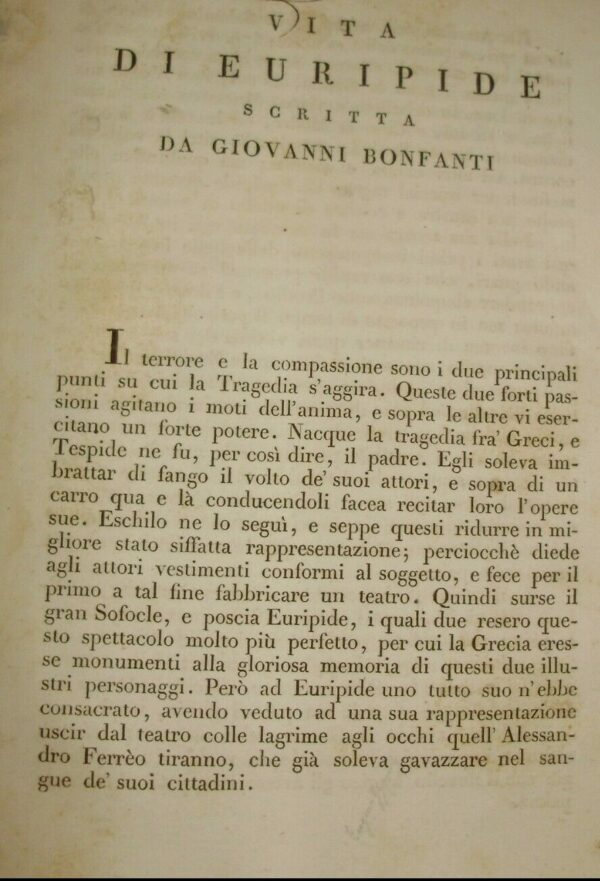 Vita Di Euripide - Giovanni Bonfanti - Ed. Società Tipografica Verona 1819