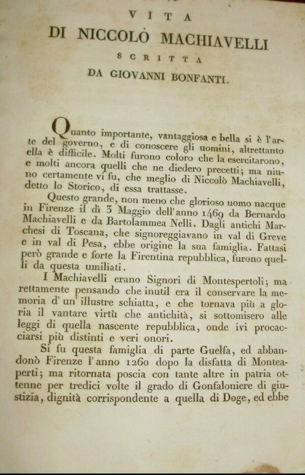 Vita Di Niccolò Machiavelli - Giovanni Bonfanti - Ed. Società Tipografica Verona 1819