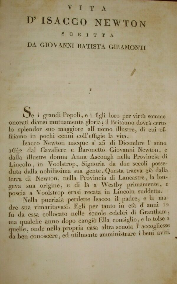 Vita D'Isacco Newton - Giovanni Battista Giramonti - Ed. Società Tipografica Verona 1819