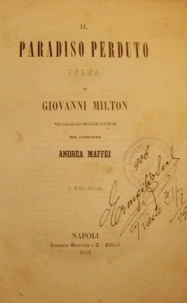 Il Paradiso Perduto - Giovanni Milton - Ed. Tommaso Guerrero Napoli 1858